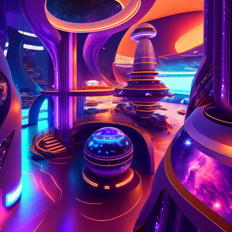 Futuristic interior with flowing shapes and neon lighting