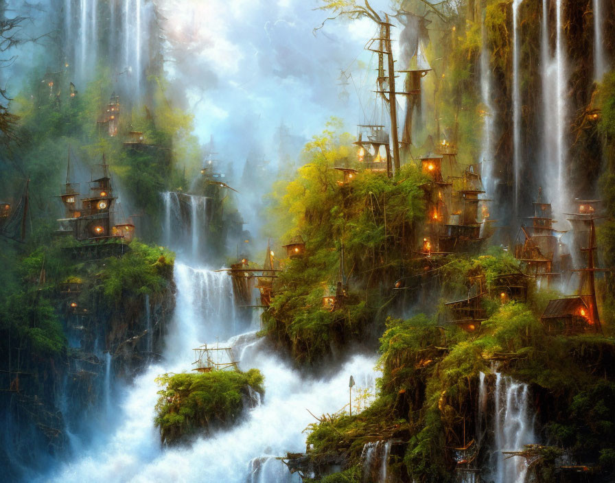 Enchanting forest with glowing tree houses and waterfalls