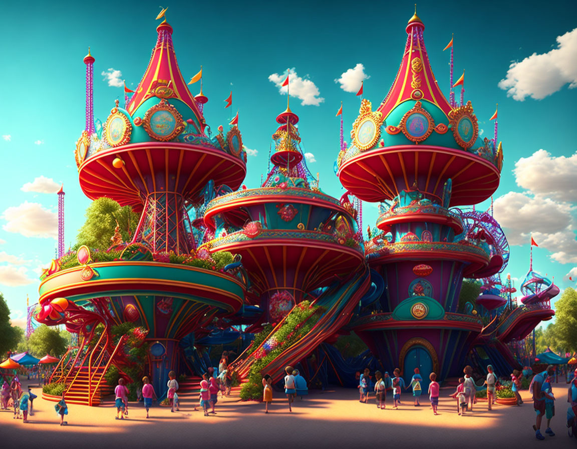 Fantastical amusement park with whimsical towers under blue sky