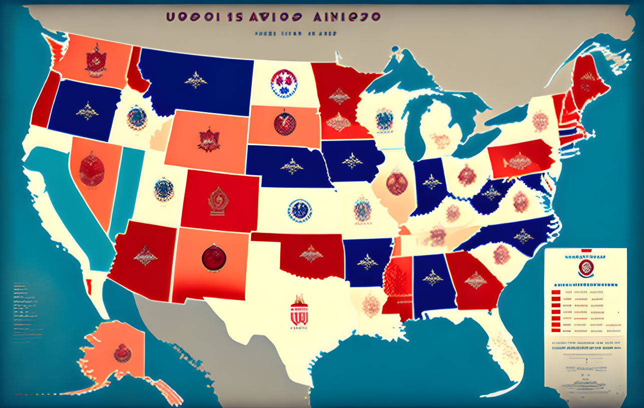 Stylized USA map with state areas as military insignias and legend