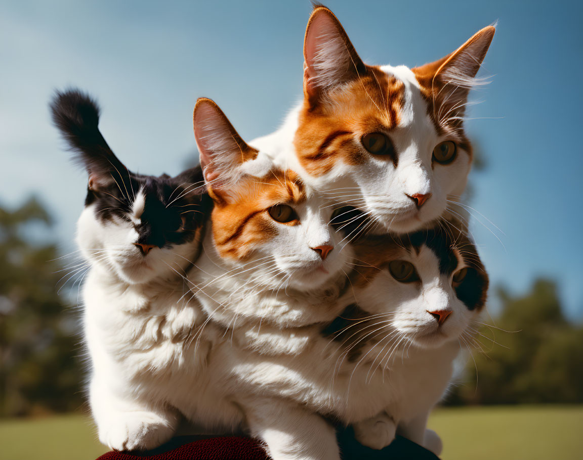 Three cats with various fur patterns stacked under blue sky and trees