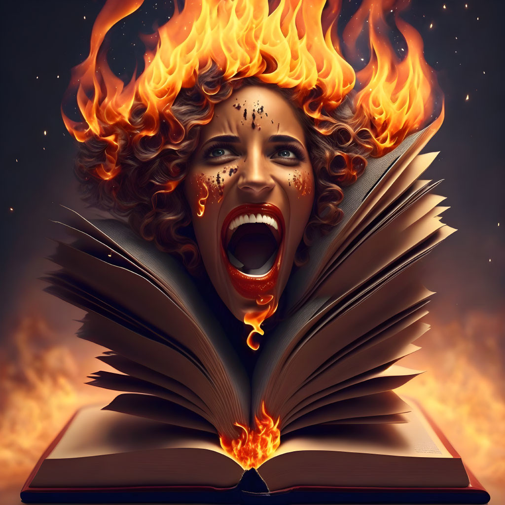 Surreal image: Woman with fire hair and flames, night sky, open book with burning pages