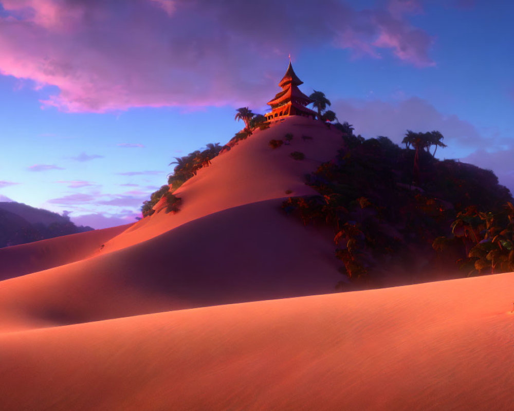 Traditional pagoda on sand dune under twilight sky surrounded by greenery