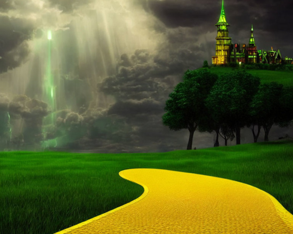 Yellow Brick Road Leading to Grand Green Castle Under Dramatic Sky