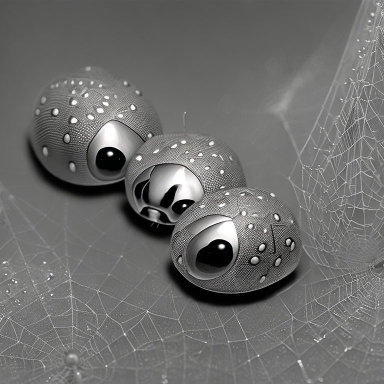 Futuristic metallic spheres with eye-like designs on textured surface with spider web