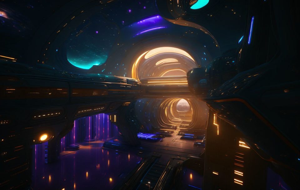 Futuristic spacecraft interior with neon lights, arched passageway, reflective floors, distant stars