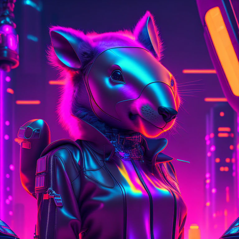 Anthropomorphic fox in leather jacket against neon-lit cityscape