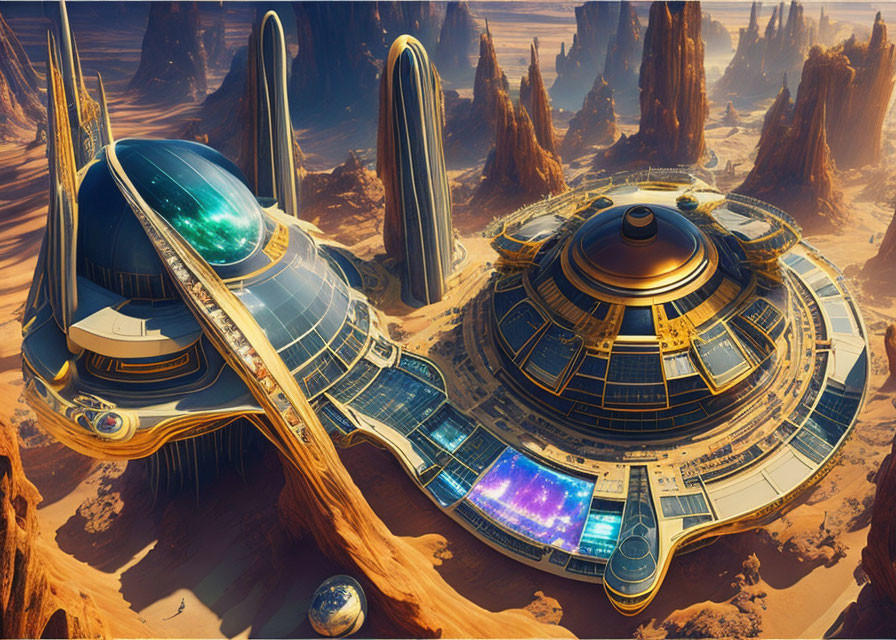 Futuristic cityscape with domed buildings in desert setting