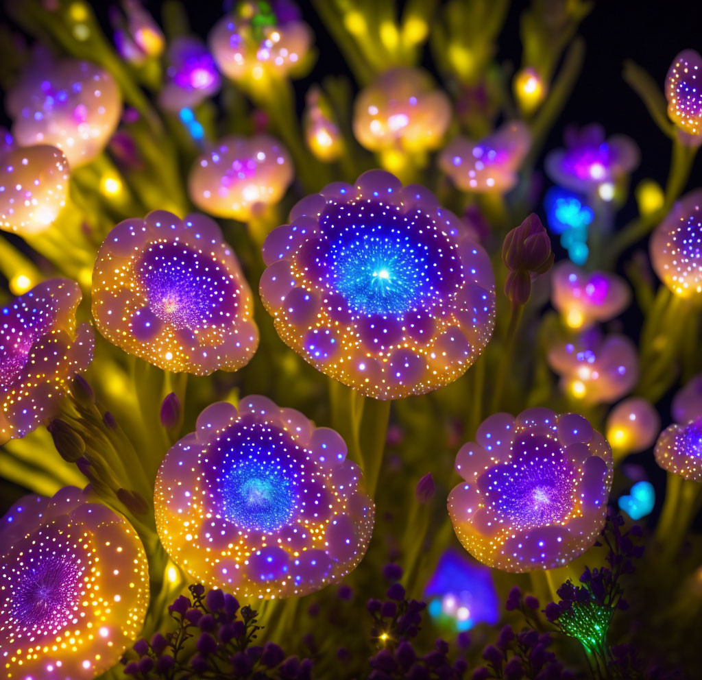 Vibrant neon artificial flowers in illuminated nighttime garden