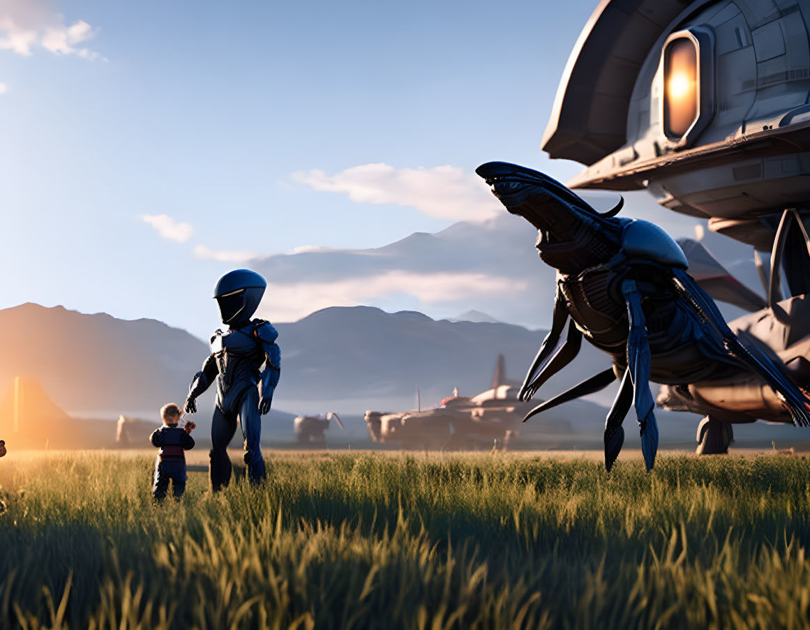 Child, robot, and alien by spaceship in futuristic landscape