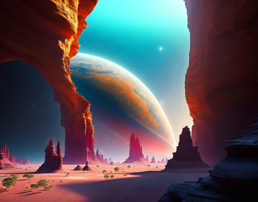 Majestic desert landscape with towering rock formations and large planet rising under starlit sky