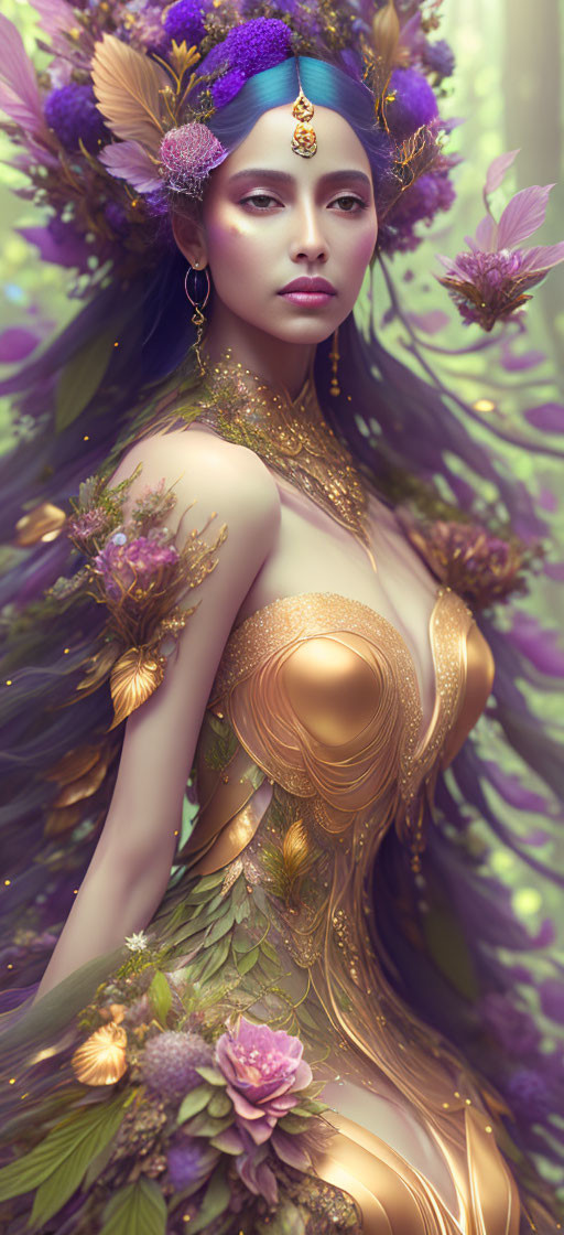 Digital artwork: Woman in golden attire with floral decorations in vibrant purple and green hues.