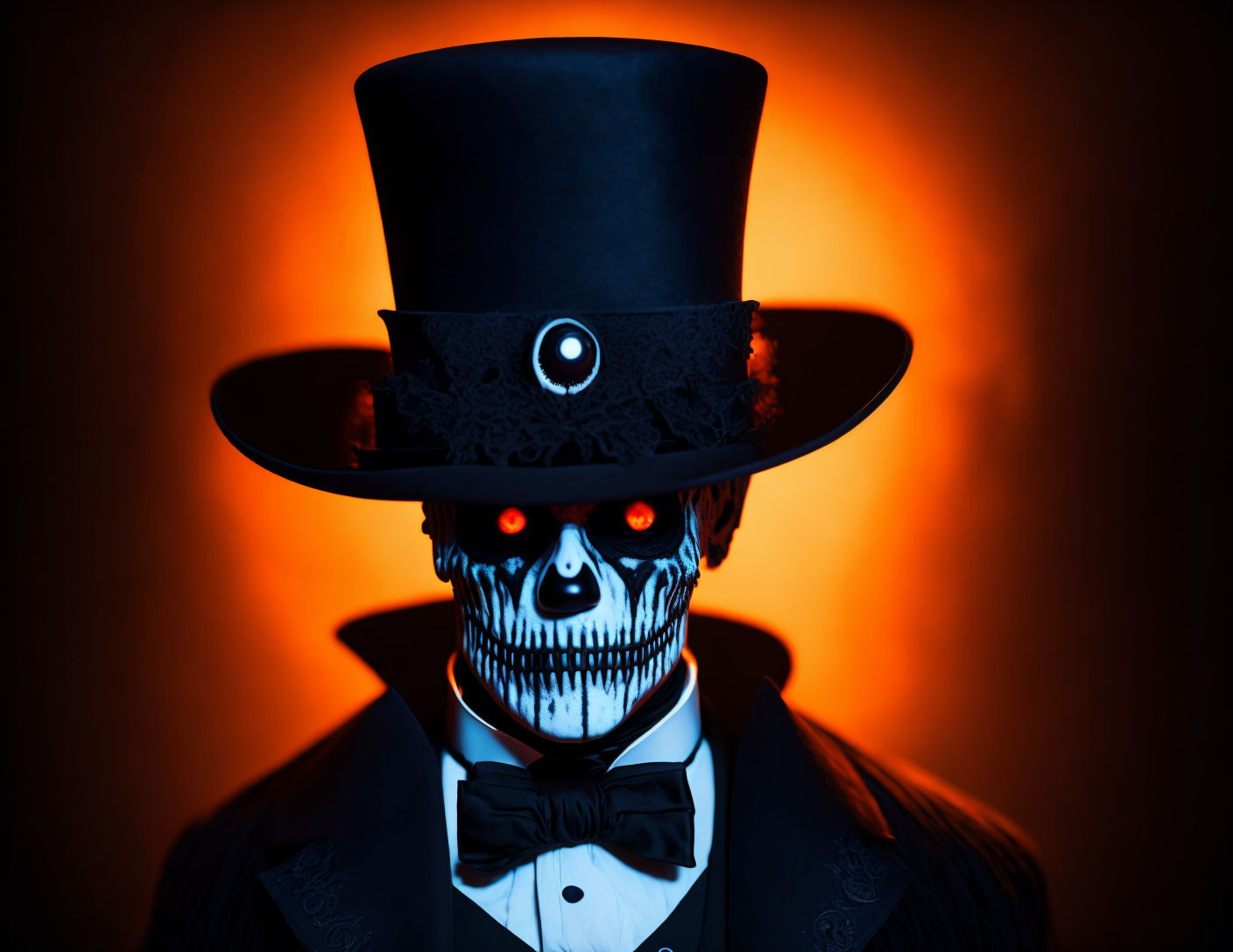 Skull-faced figure in top hat against fiery background