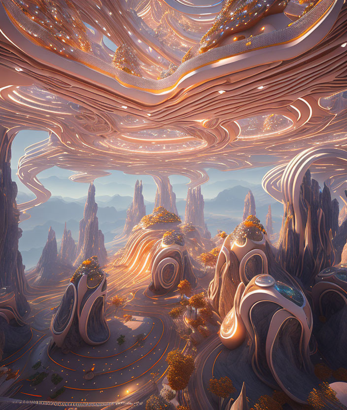 Surreal landscape with swirling rock formations and glowing paths