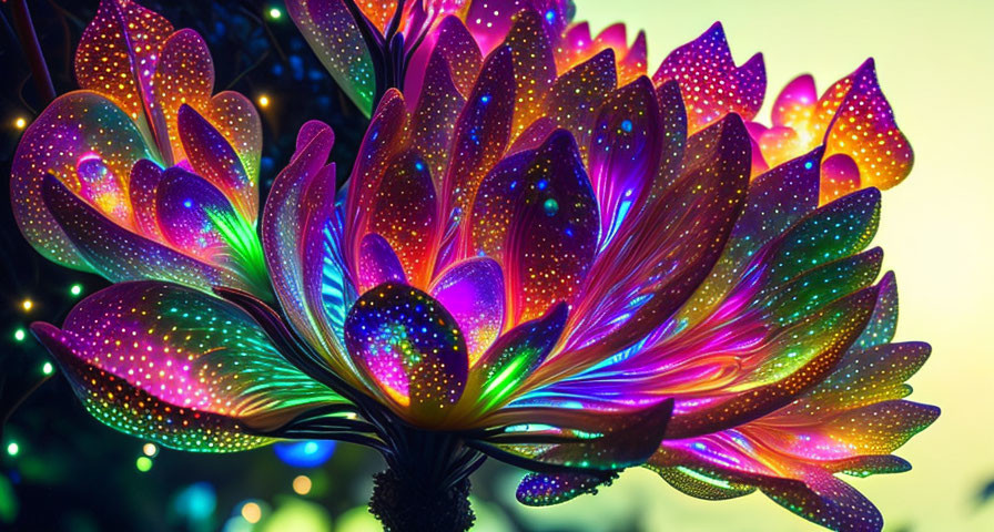 Colorful illuminated flower sculpture at twilight