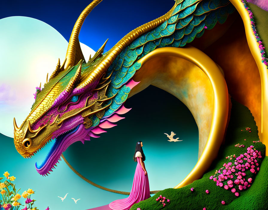 Colorful digital art: Woman in pink dress meets majestic dragon in fantastical landscape.