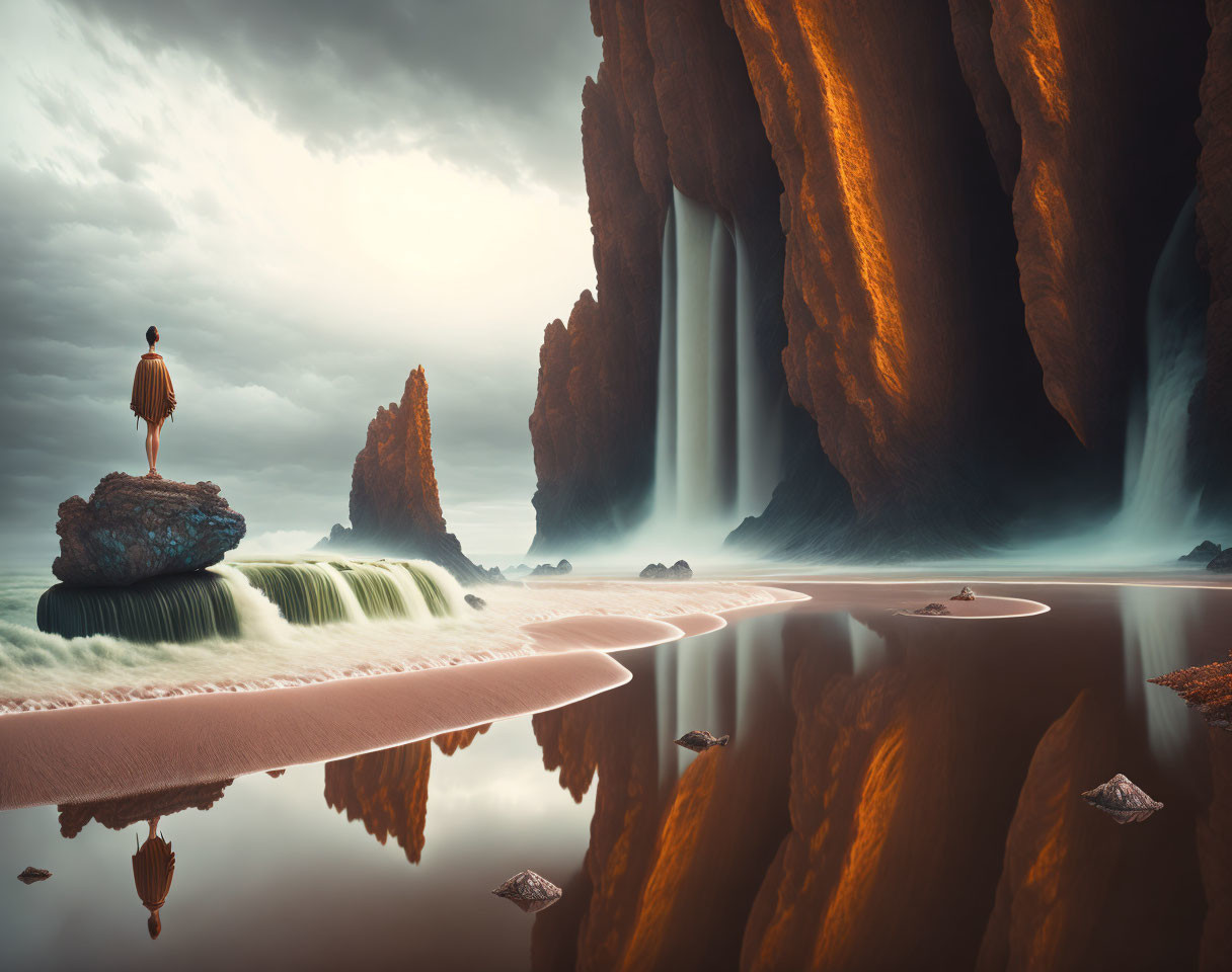 Figure on moss-covered rock by serene water, cliffs, and waterfalls under moody sky