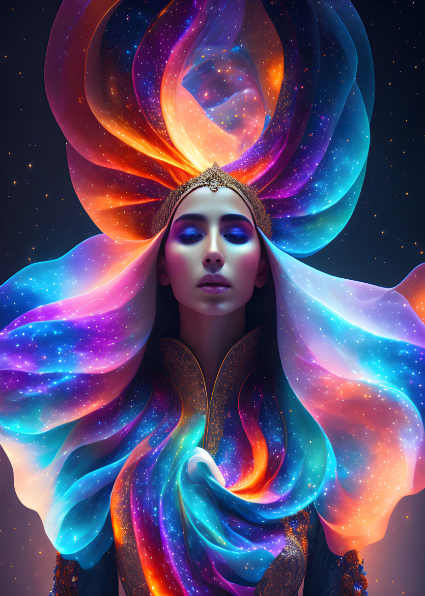 Cosmic-themed portrait of a woman with swirling galaxies in blue, purple, and pink.