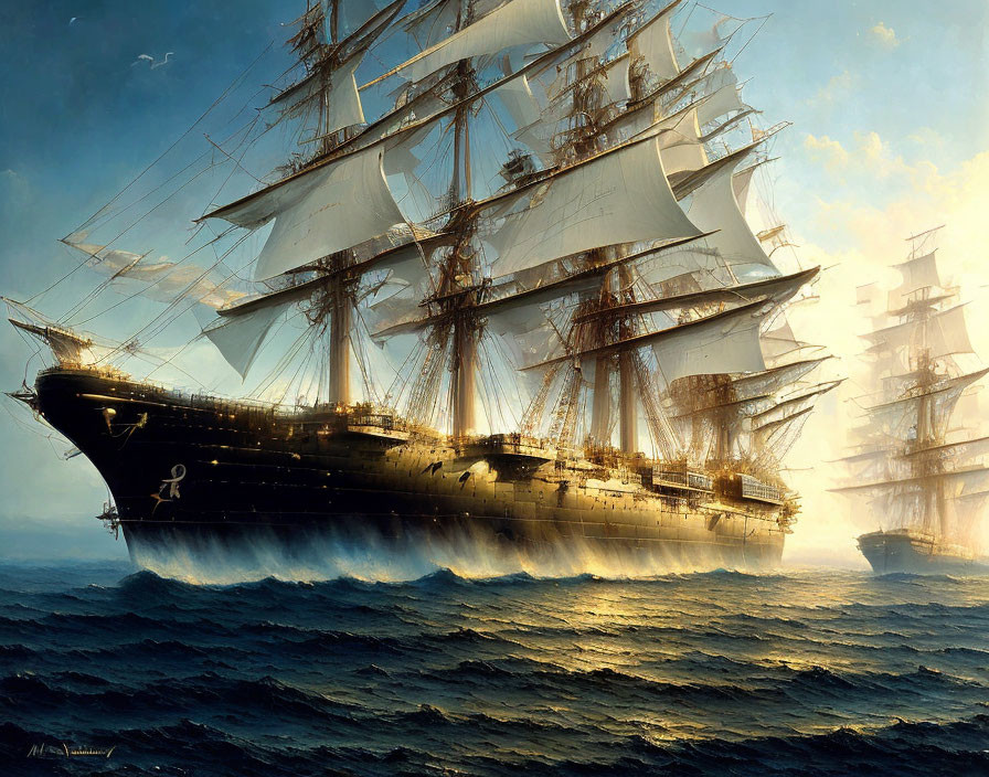 Tall ships with billowing sails on high seas under golden sunlight