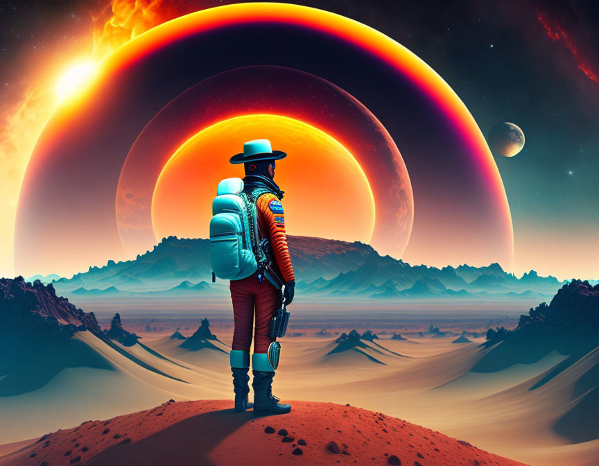 Astronaut on desert alien landscape with ringed planet and eclipse