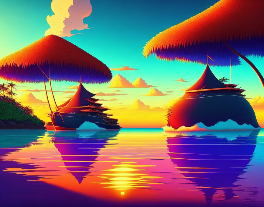 Sailboats and huts silhouetted against vibrant sunset reflections