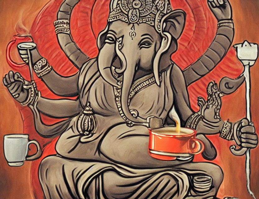 Vibrant portrayal of Hindu deity Ganesha with multiple arms and tea cup