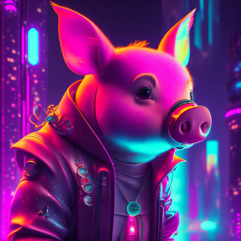 Cyberpunk-style neon-lit anthropomorphic pig in futuristic jacket