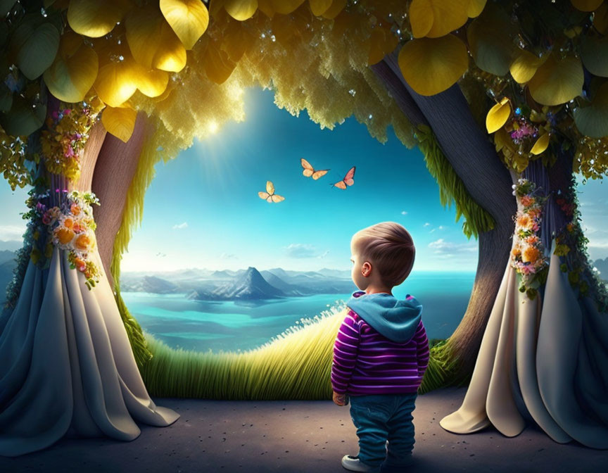 Toddler in striped hoodie admires butterflies in magical forest clearing