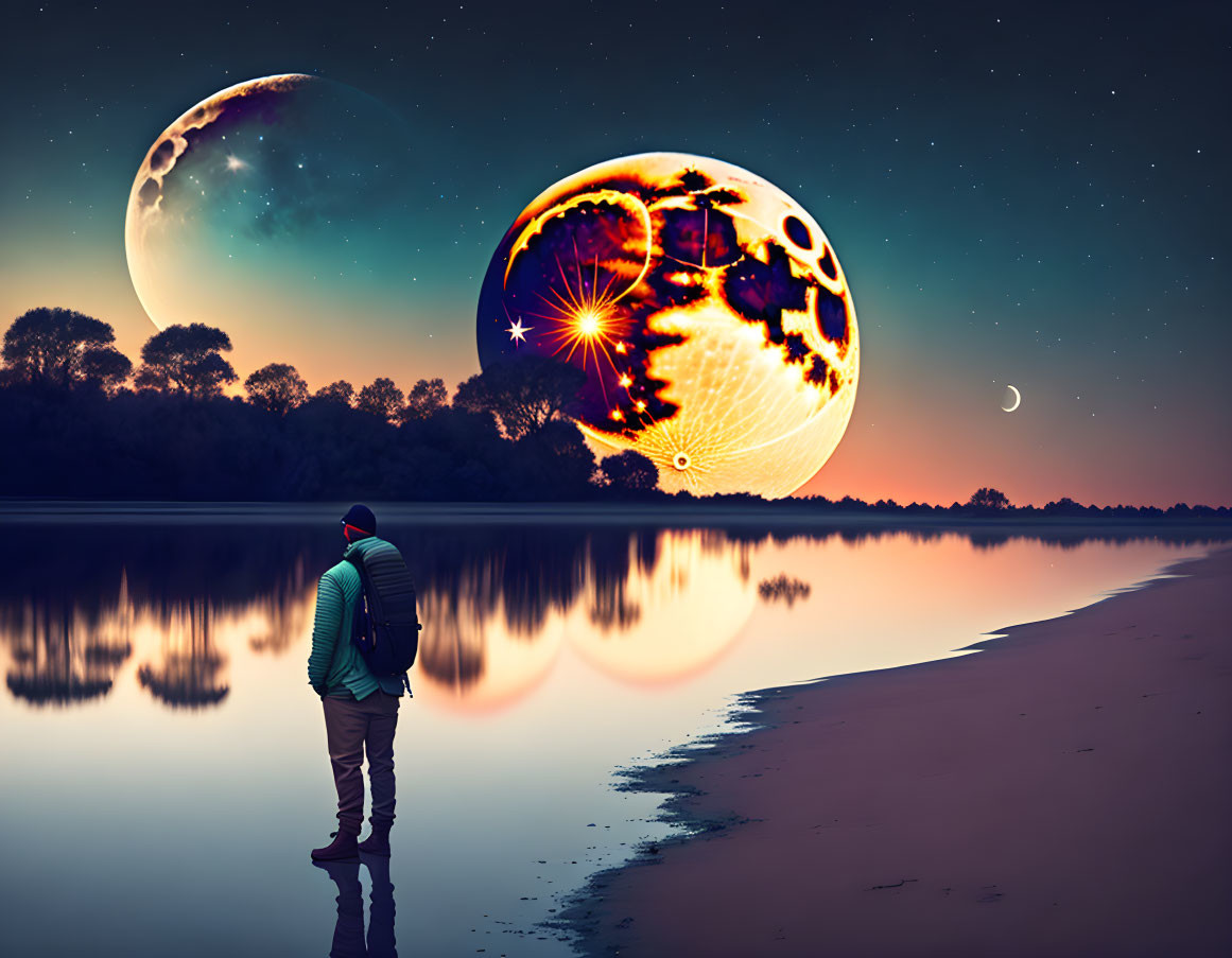 Twilight scene: Person gazes at oversized moon by lakeside