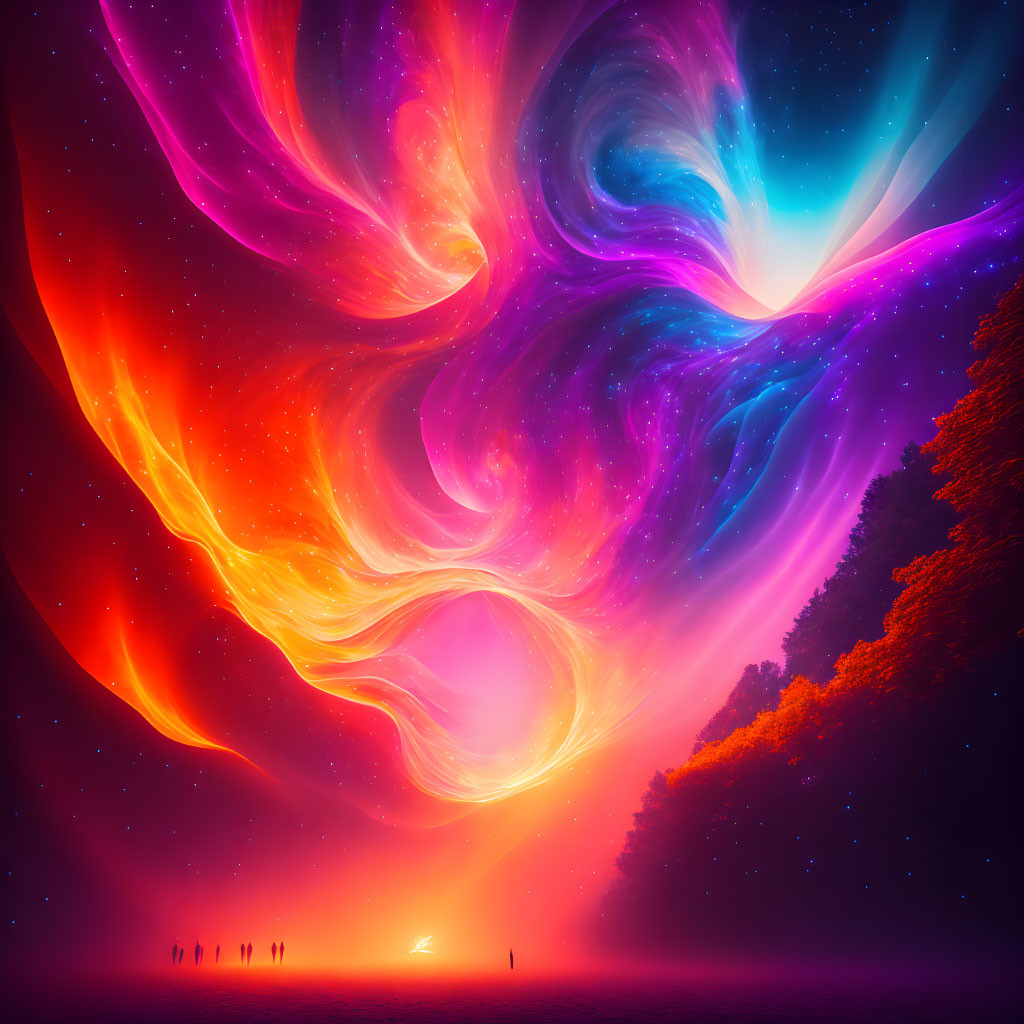 Swirling Neon Colors in Night Sky Above Silhouetted Figures