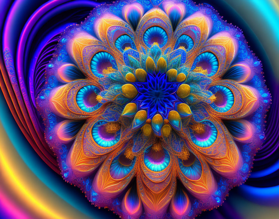 Symmetrical Flower-Like Fractal Image in Blues and Oranges