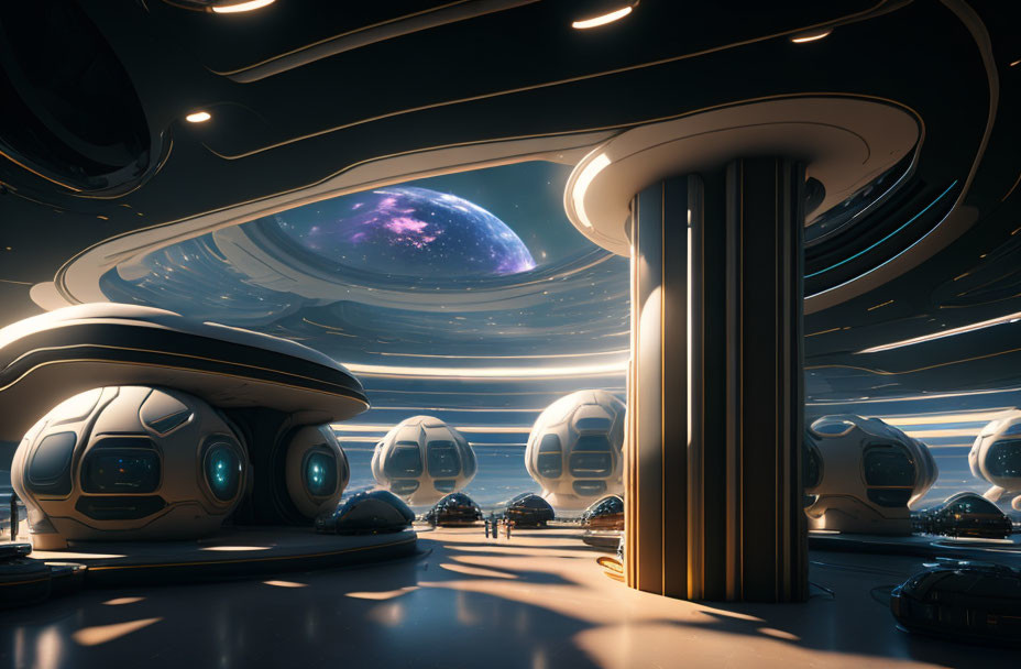 Sleek futuristic spaceship interior with large cosmos viewing window