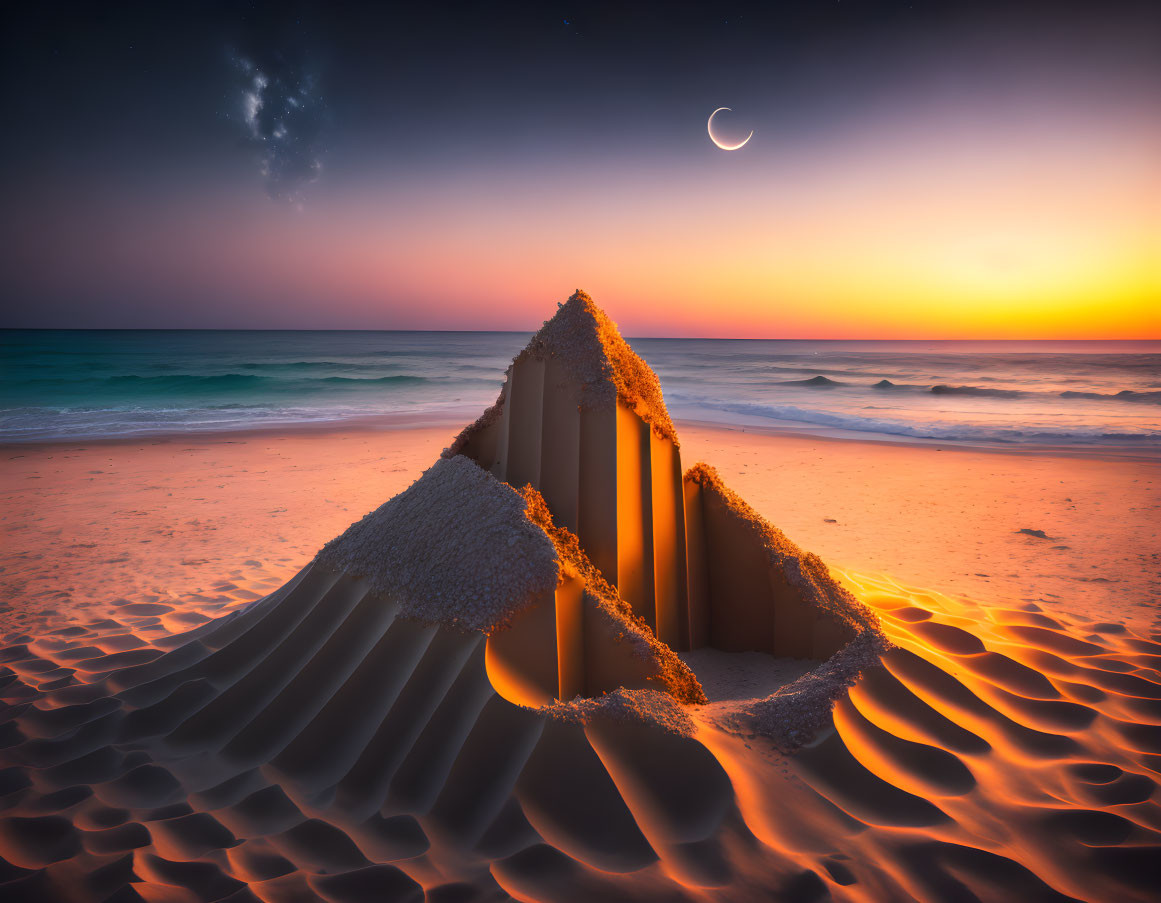 Tranquil twilight beach scene with sandcastle, gentle waves, starry sky.