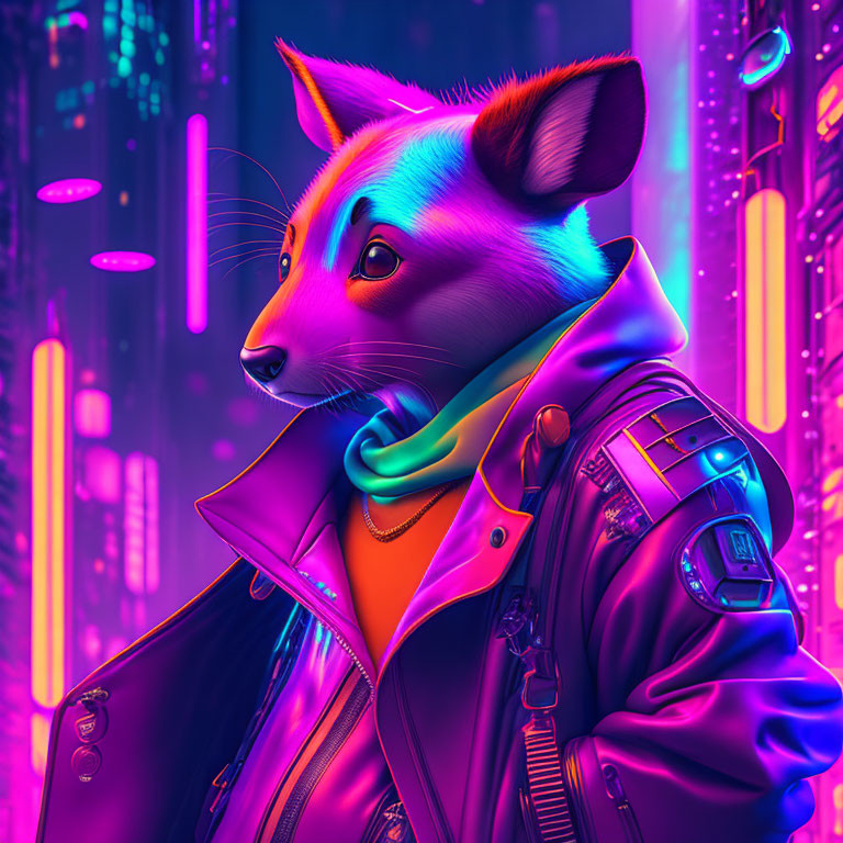 Anthropomorphic fox in cyberpunk cityscape with trendy neon jacket