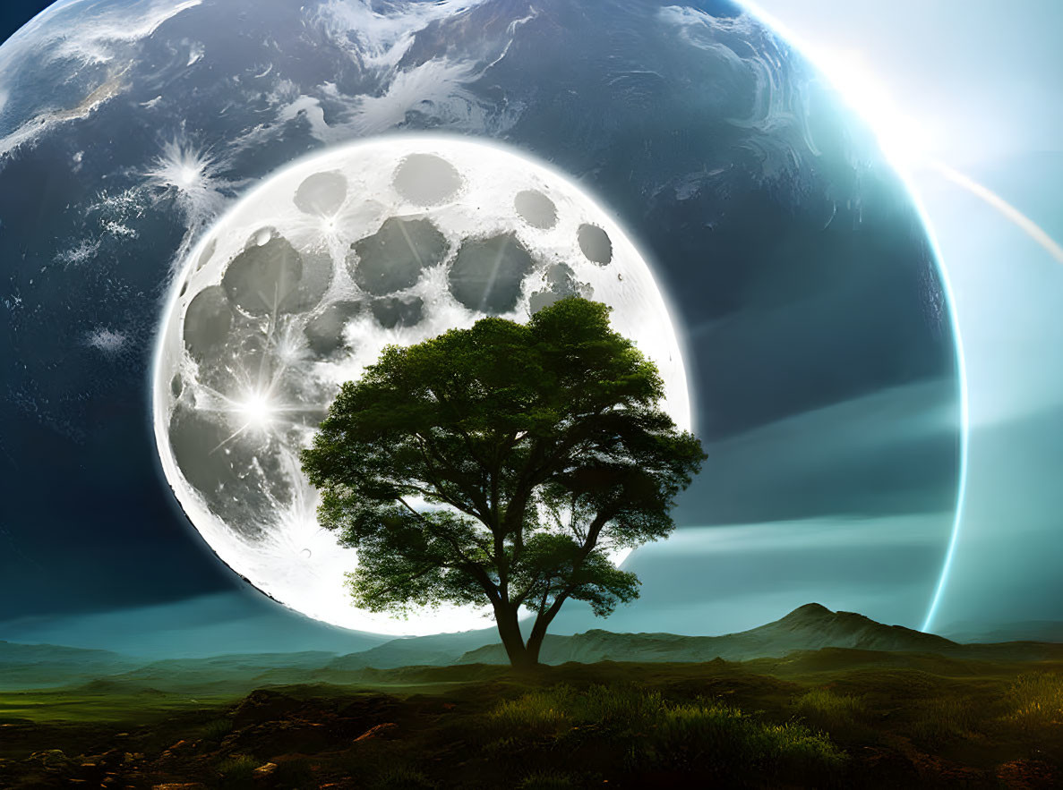 Solitary tree on grassy terrain with oversized moon and Earth in surreal backdrop