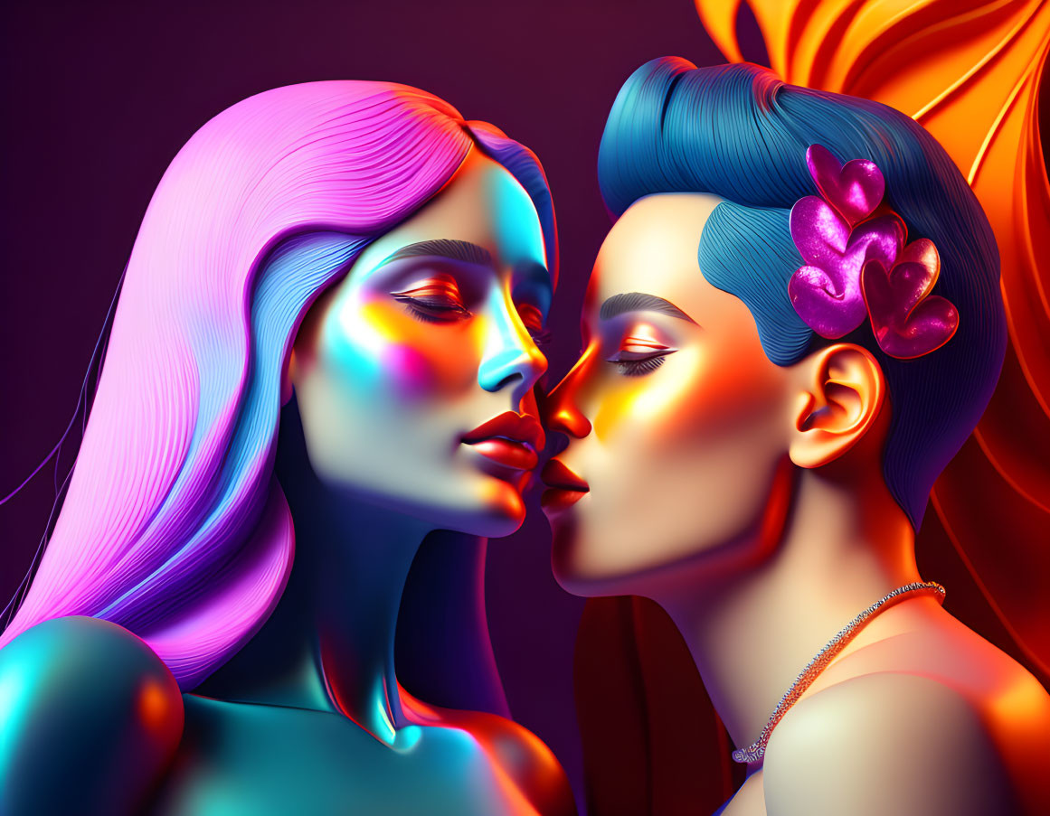 Stylized individuals with colorful lighting and hair in a kiss