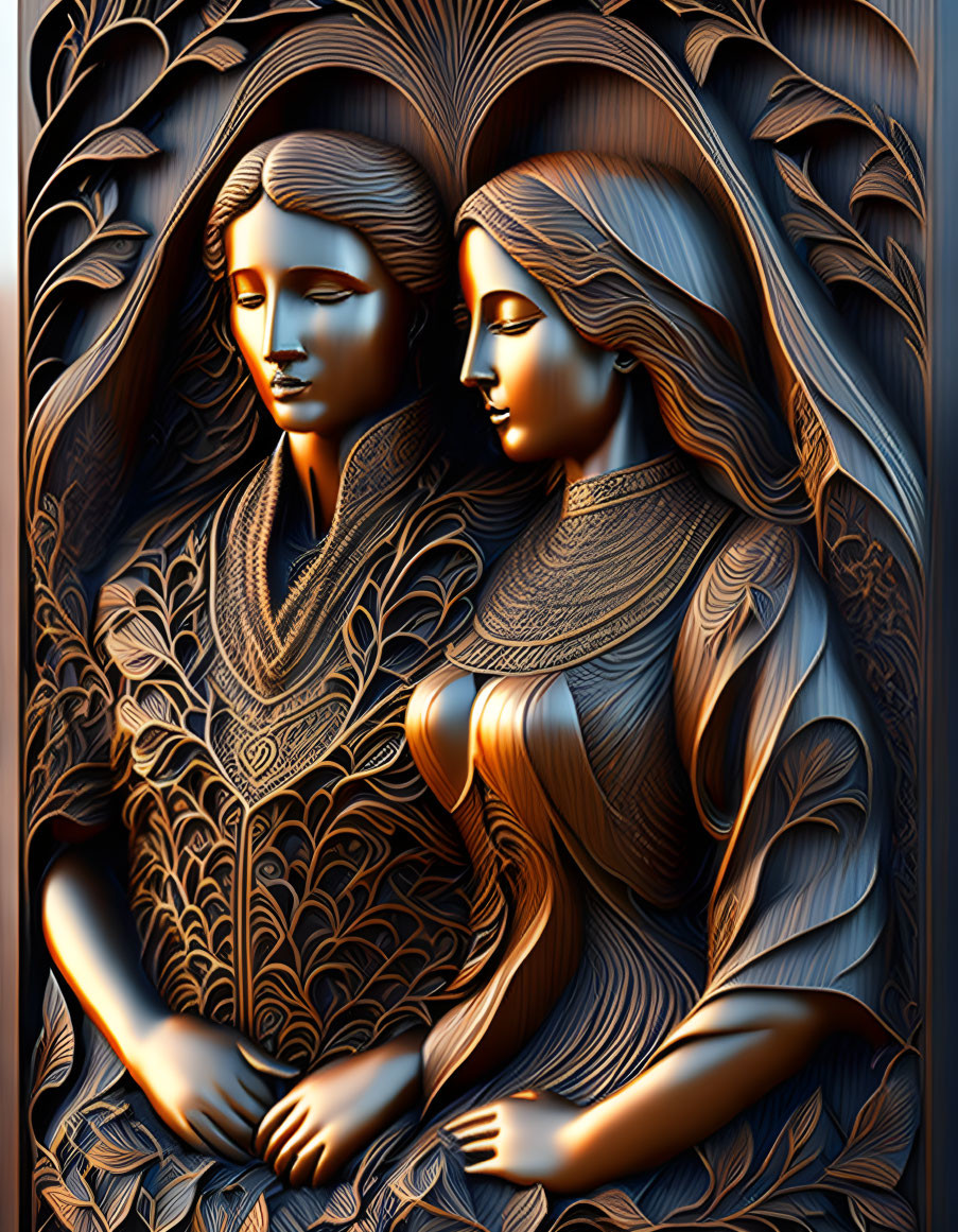 Intricate floral patterns surround two serene women in detailed carving