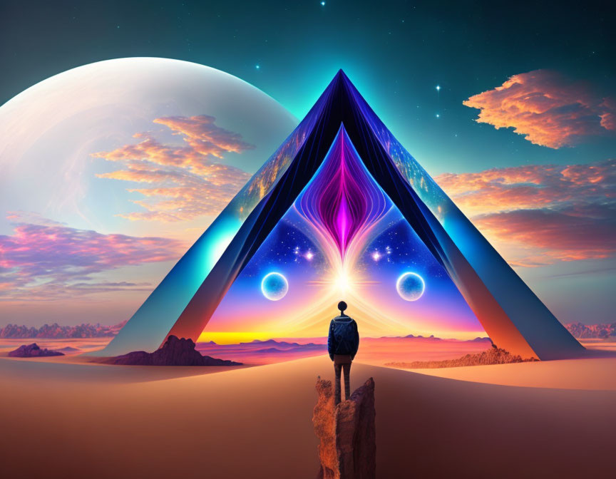 Surreal pyramid under large moon in alien desert landscape