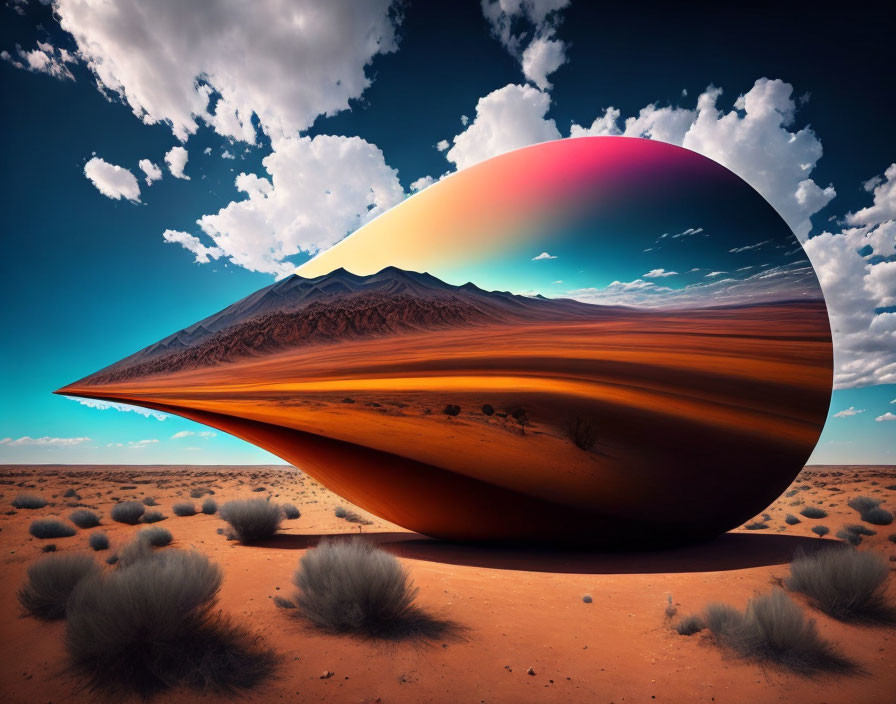 Surreal landscape with iridescent tear-shaped object in desert.