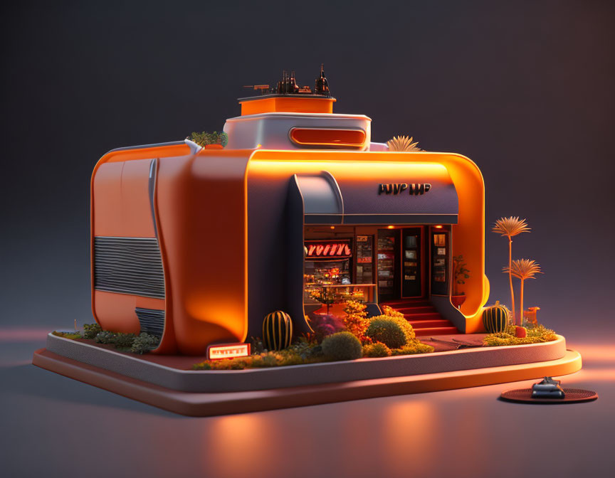 Futuristic orange diner with neon lights and palm trees at twilight