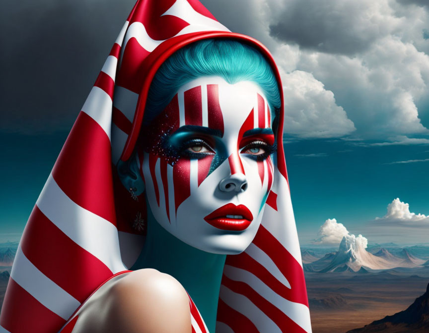 Digital artwork: Woman with red-and-white face paint in fantasy landscape