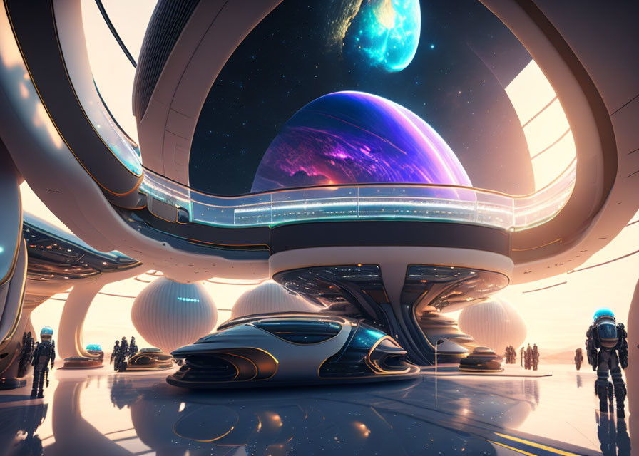 Sleek vehicles and people in futuristic spaceport with cosmic view