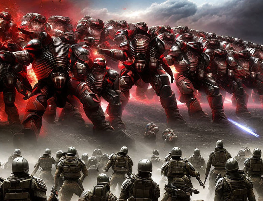 Futuristic soldiers in heavy armor on smoky battlefield with glowing weapons amid red lighting.