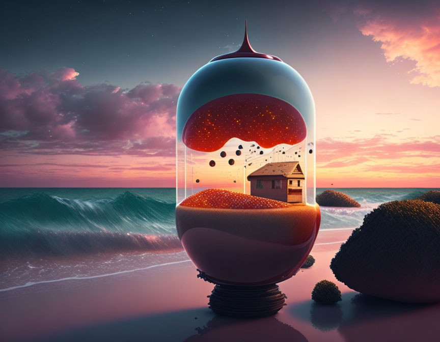 Surreal bulb structure with miniature seascape on beach backdrop