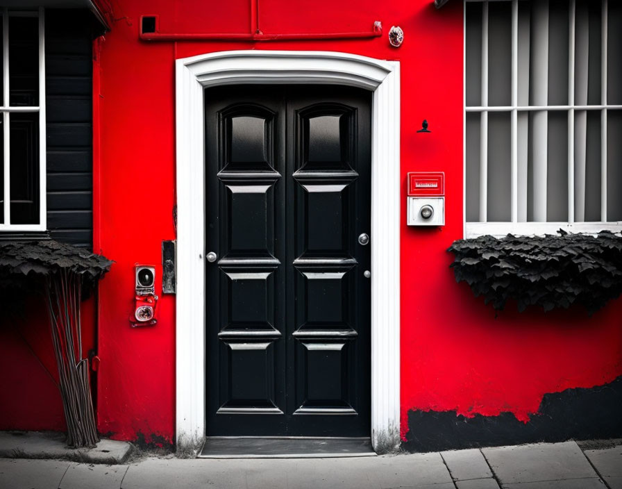 Vibrant red wall with black door, matching plants, white window frames, red mailbox