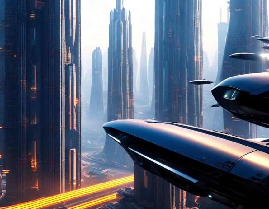 Futuristic cityscape with skyscrapers and flying vehicles in amber sky