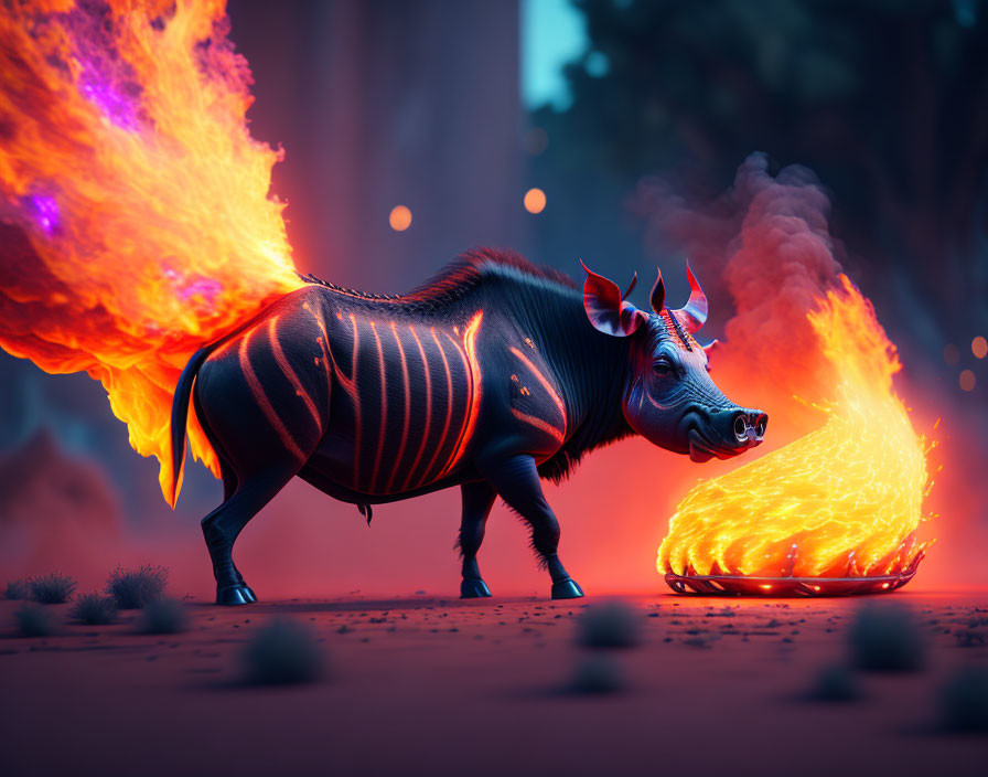 Stylized zebra with glowing stripes in fiery forest scene