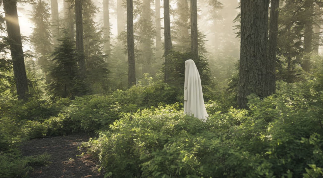 White Sheet Figure in Sunlit Forest Clearing surrounded by Tall Trees