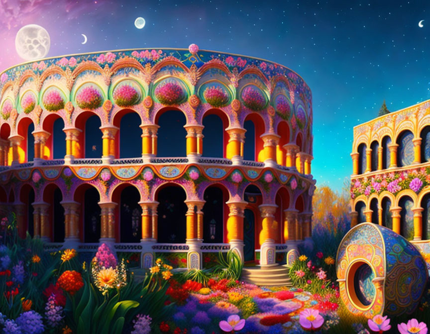 Fantastical landscape with colorful circular buildings in lush garden at night