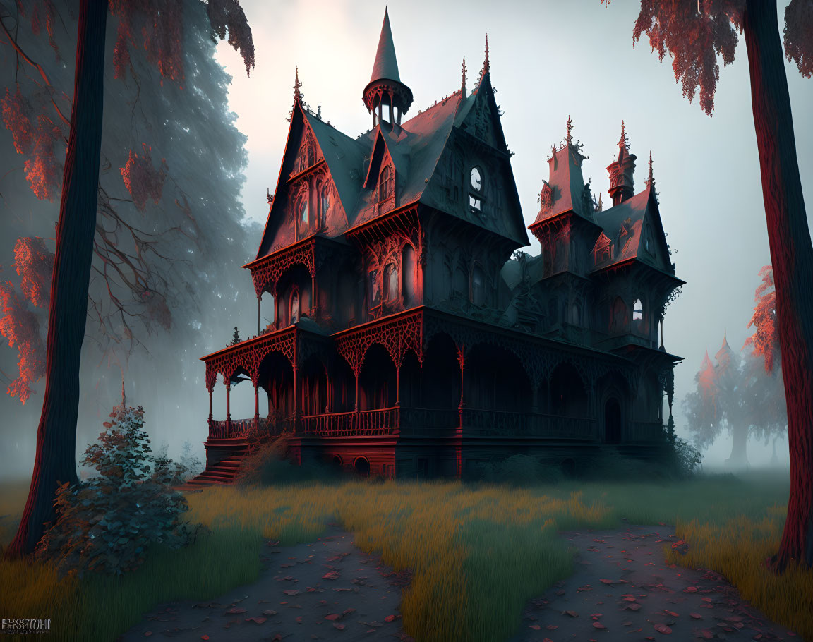 Eerie Victorian mansion in foggy forest at dusk or dawn